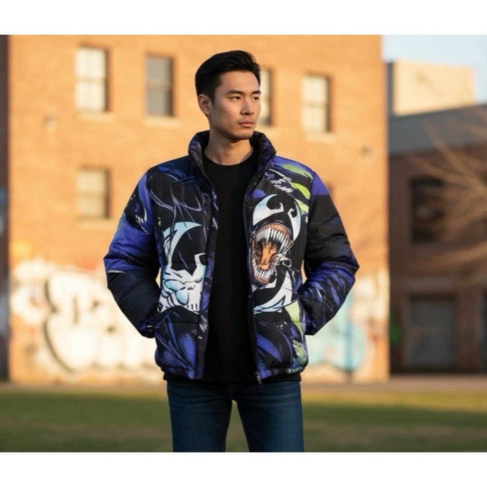 Marvel Venom Men's S Puffer Jacket Black Purple Graphic NWOT‎